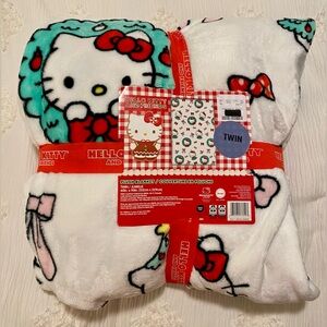 Hello Kitty Christmas Tree Dress Wreath Pink Bows TWIN 60 x 90 Throw Blanket